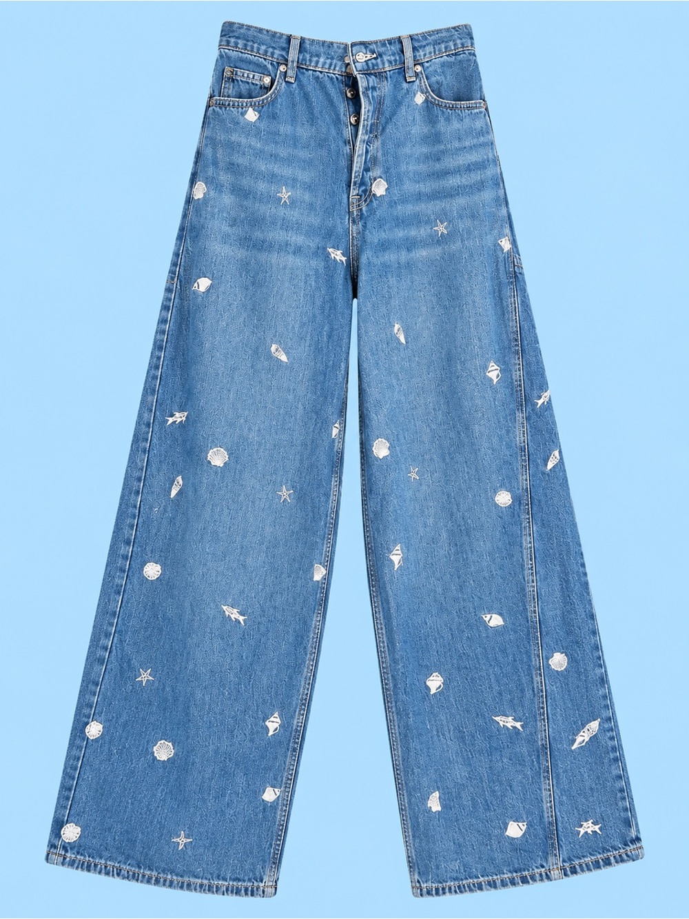 Free People Seashell Embroidered Wide-Leg Jeans